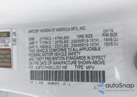 2020 Acura Rdx Technology Package z USA, uszkodzony, nr VIN 5J8TC1H5XLL001168